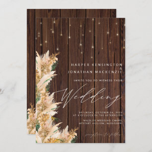 Convite Pampas Grass Wood Twinkle Luzes Boho Casamento