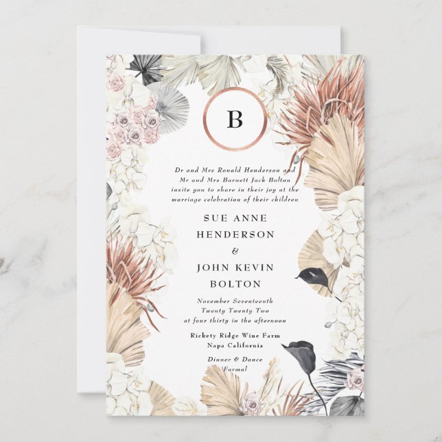 Convite Pampas Modern Frame | Monograma em folha de ouro | (Frente)