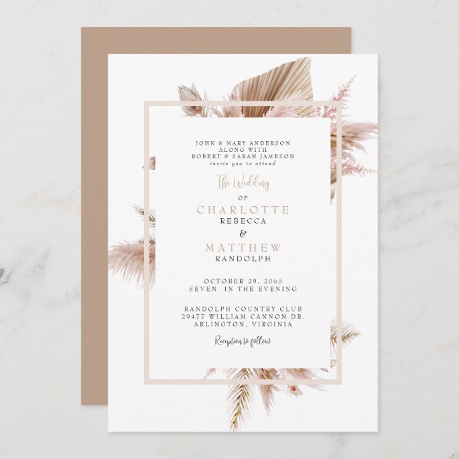 Convite Pampas Neutral Wedding (Frente/Verso)