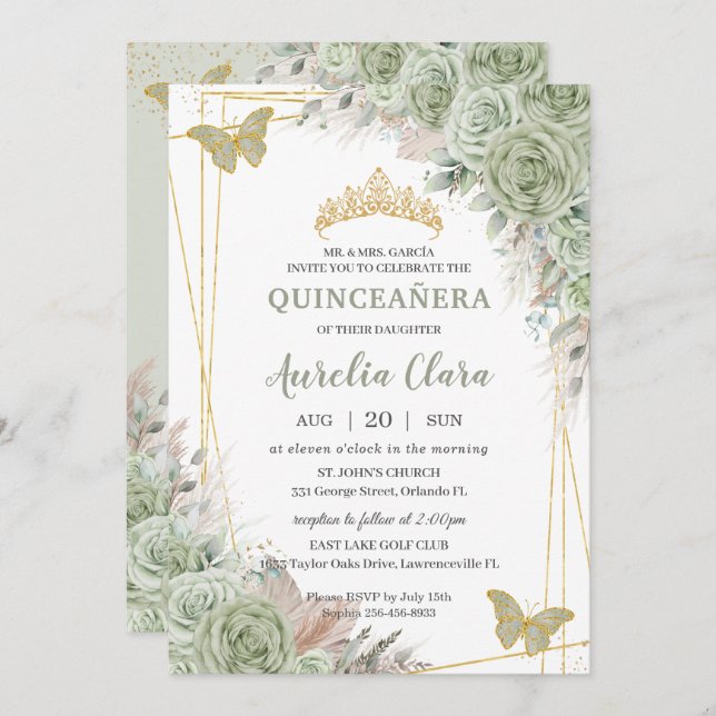 Convite Pampas Sage Green Floral Butterflies Quinceañera (Frente/Verso)