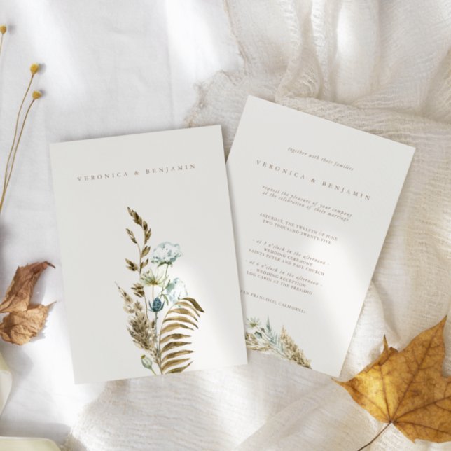 Convite Pampas Secas, Casamento de Grass Dusty Blue Greene (Dusty Blue Greenery & Dried Pampas Grass Wedding Invitation)