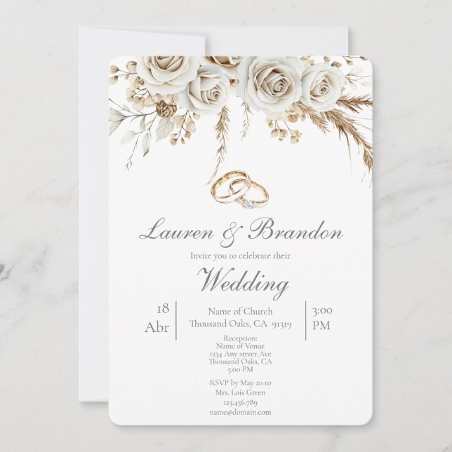 Convite Pampas white boho Wedding invitation (Frente)