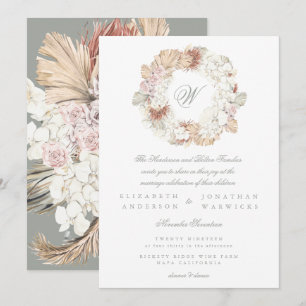 Convite Pampas Wreath Moss Sage Elegante Monograma Verde