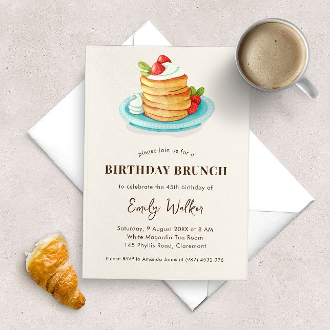 Convite Pancake Birthday Brunch Party (birthday brunch party invitation with a watercolor illustration of Japanese pancake dessert.)