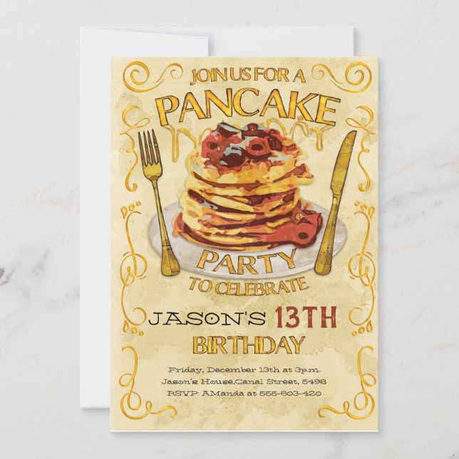 Convite Pancake Party Invitation, Birthday Party  (Frente)
