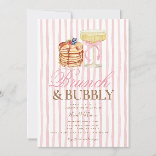 Convite Pancake Rosa Brunch & Bubbly Chá de Noiva  (Frente)