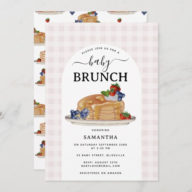 Convite Pancakes Berries Brunch Pink Plaid Baby Shower (Frente/Verso)