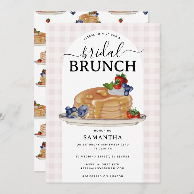 Convite Pancakes Berries Brunch Pink Plaid Bridal Shower (Frente/Verso)