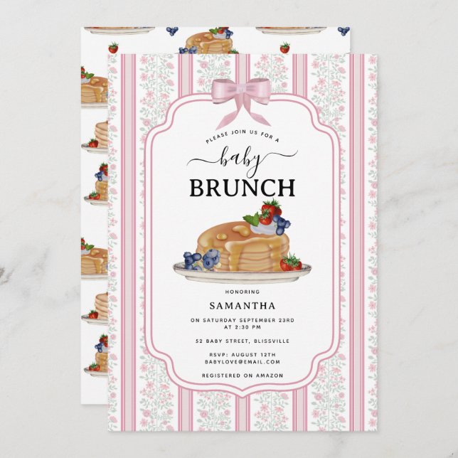 Convite Pancakes Brunch Pink Botanical Baby Shower (Frente/Verso)