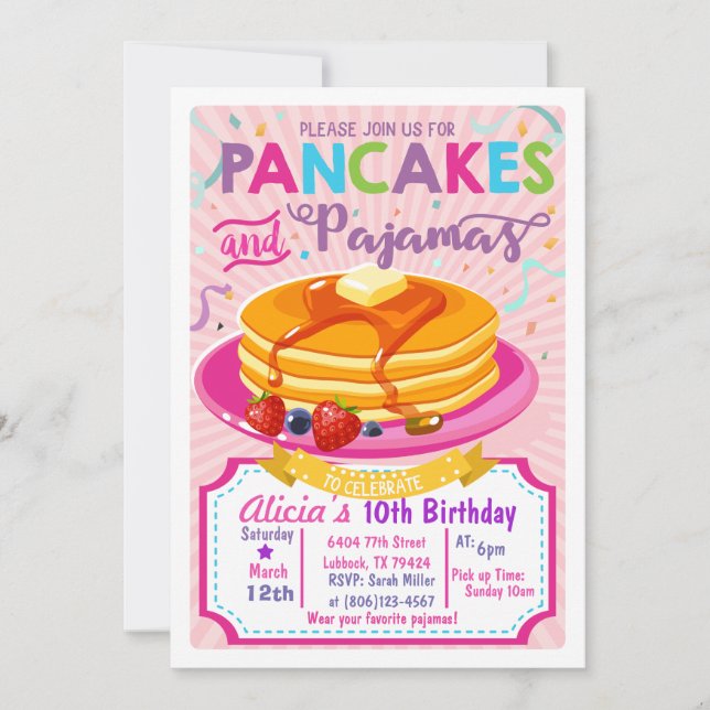 Convite Pancakes Pajamas Birthday convidam garota para fes (Frente)