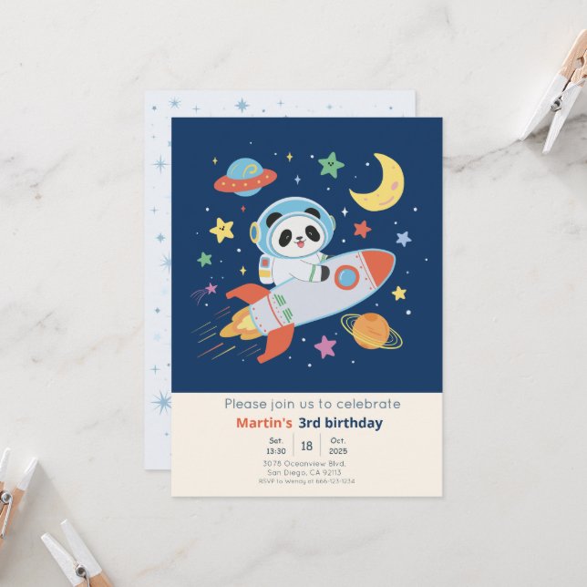 Convite Panda Astronauta laranja e azul (Frente/Verso In Situ)
