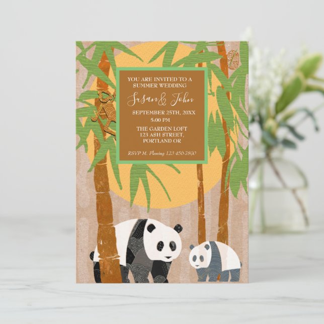 Convite Panda Bears & Bamboo para Casamento (Em pé/Frente)