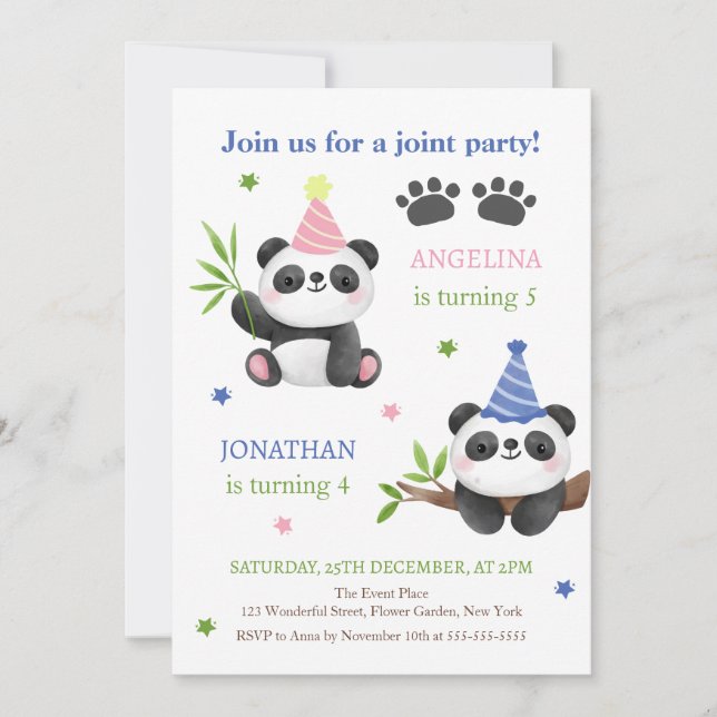 Convite Panda Boy and Girl Joint Birthday  (Frente)