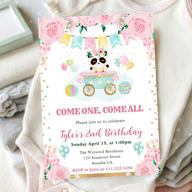 Convite Panda Flores Rosa Aquarela Aniversário de Crianças (Criador carregado)