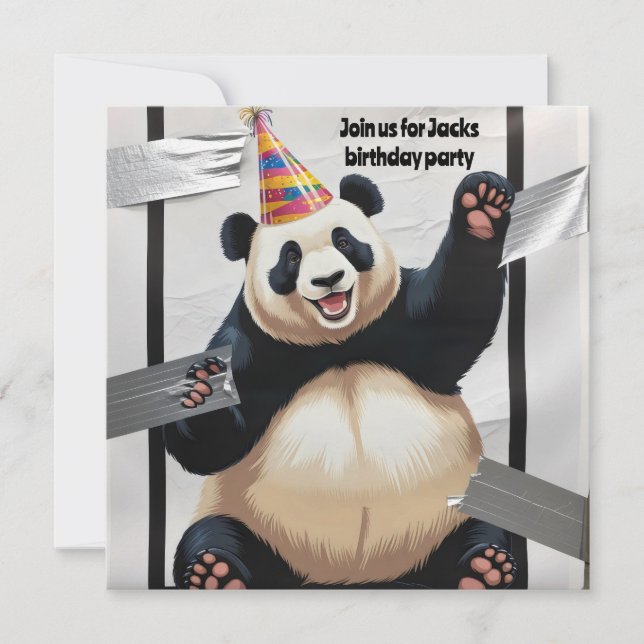 Convite Panda gigante sentado vestindo chapéu de aniversár (Frente)