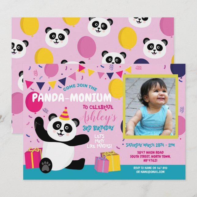 Convite Panda Party Birthday Panda-monium Photo Pink (Frente/Verso)