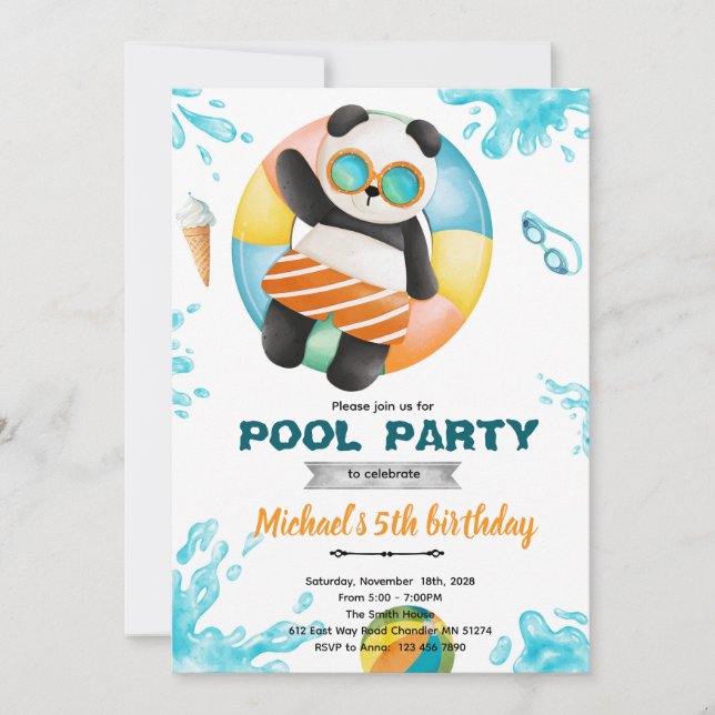 Convite Panda Pool Party Birthday Invitation (Frente)