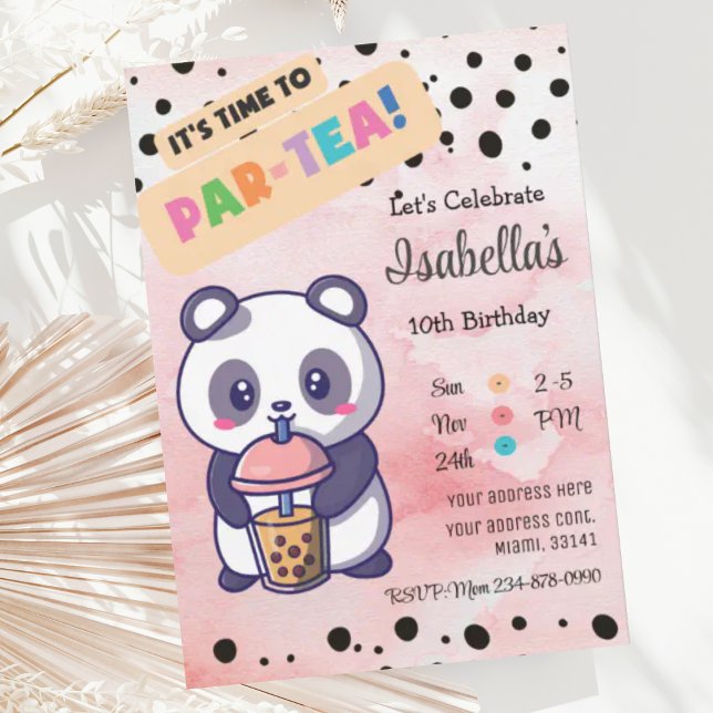 Convite Panda Rosa Bonita Boba Tea Aniversário (Criador carregado)