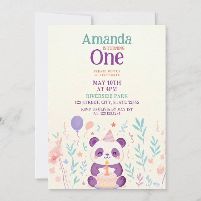 Convite Panda Roxa com primeiro aniversario de Cena de Jar (Frente)