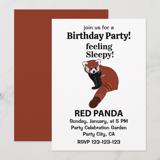 Convite Panda Vermelho se Sentindo Sonolento Aniversário D (Frente/Verso)