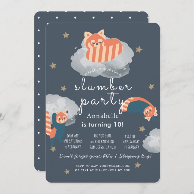 Convite Pandas Vermelhas - Estrelas e Nuvens - Festa de De (Frente/Verso)