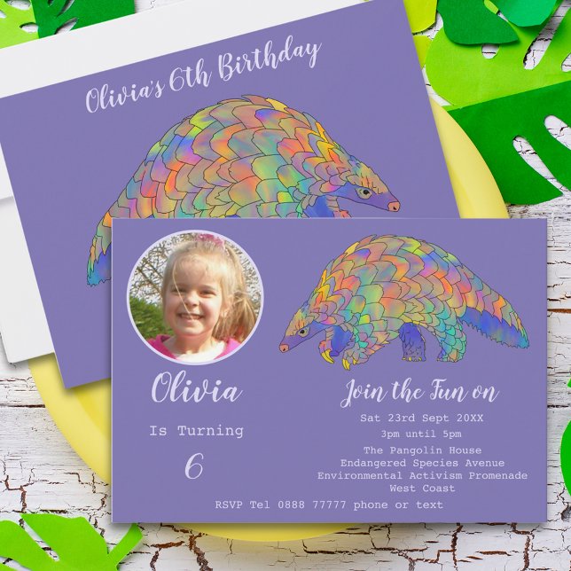 Convite Pangolin Party Girls 6 Foto de Aniversário Roxo (Cute pangolin 6th birthday party purple invitation photo template colorful watercolor animal art)