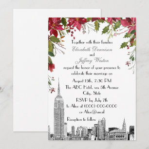 Convite Panorama de NYC ESB Etch Holly Poinsettia Casament