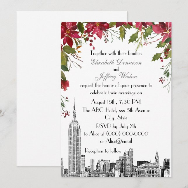 Convite Panorama de NYC ESB Etch Holly Poinsettia Casament (Frente/Verso)