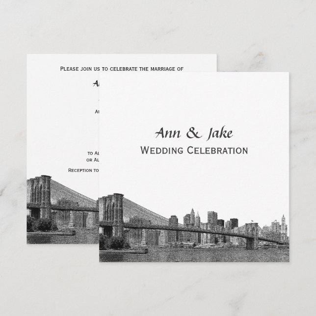 Convite Panorama de NYC Ponte Bklyn Gravada #2SQ Casamento (Frente/Verso)
