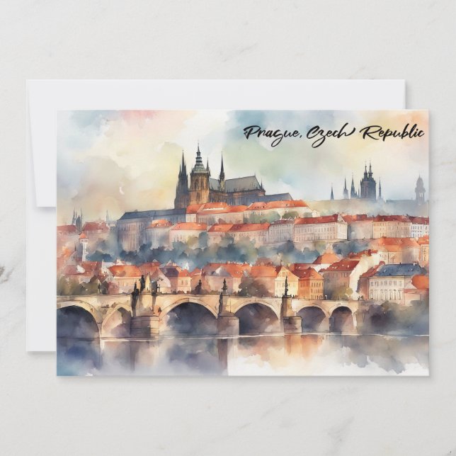 Convite Panorama de Praga República Tcheca em Aquarela (Frente)