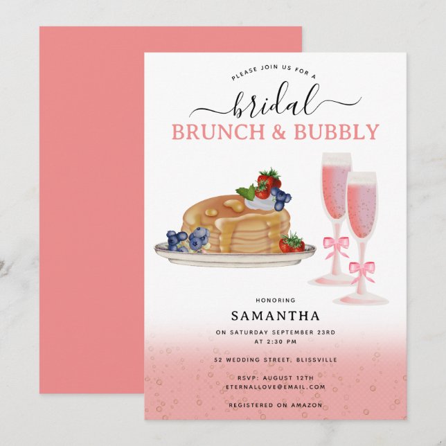 Convite Panquecas Aquarela Brunch & Bubbly Chá de Noiva (Frente/Verso)