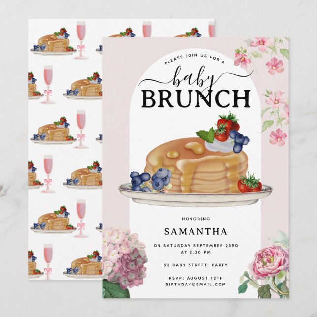Convite Panquecas Aquarela Frutas Vermelhas Brunch Chá de  (Frente/Verso)