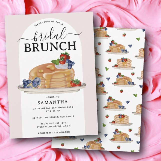 Convite Panquecas Aquarela Frutas Vermelhas Brunch Chá de  (Watercolor Pancakes Berries Brunch Bridal Shower Invitation)