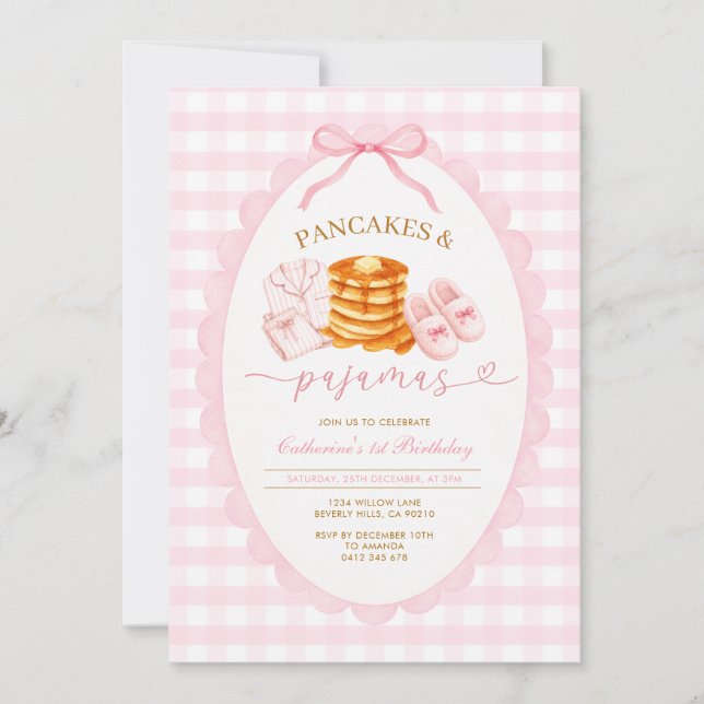 Convite Panquecas Cor-de-Rosa e Pijamas Terceiro Aniversár (Frente)