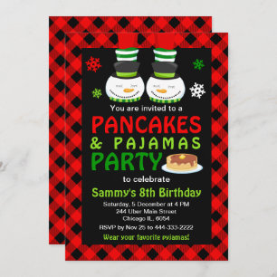 Convite Panquecas e Pijama Aniversário Xadrez Vermelha em