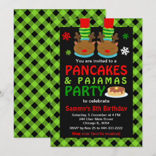 Convite Panquecas e Pijamas Aniversário Rena Xadrez Verde