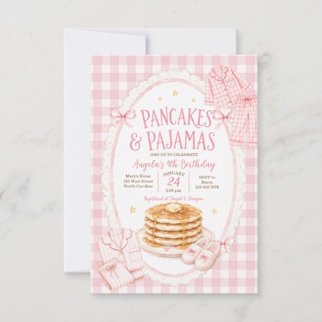 Convite Panquecas e Pijamas de Xadrez Cor-de-Rosa Aniversá (Frente)
