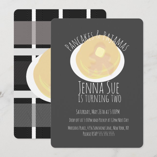 Convite Panquecas e Pijamas Festa de Dormir Garotas | Xadr (Frente/Verso)