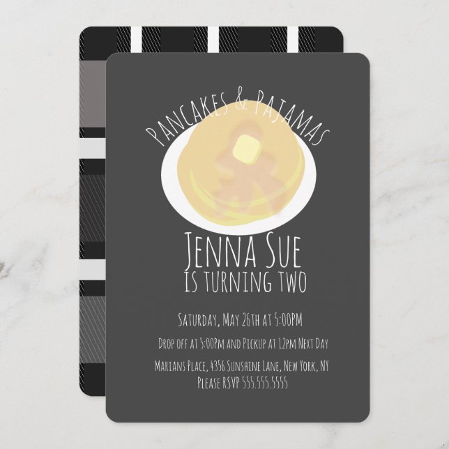 Convite Panquecas e Pijamas Festa de Pyjama Meninas | Xadr (Frente/Verso)