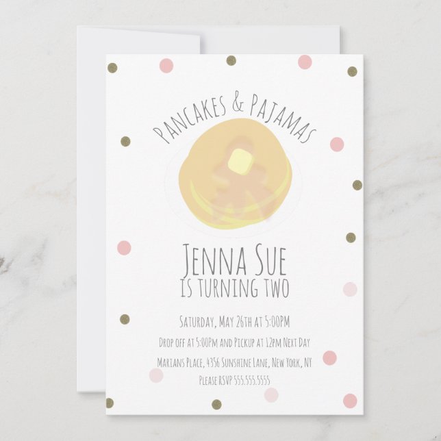 Convite Panquecas e Pijamas Festa de Sono Meninas Confetes (Frente)