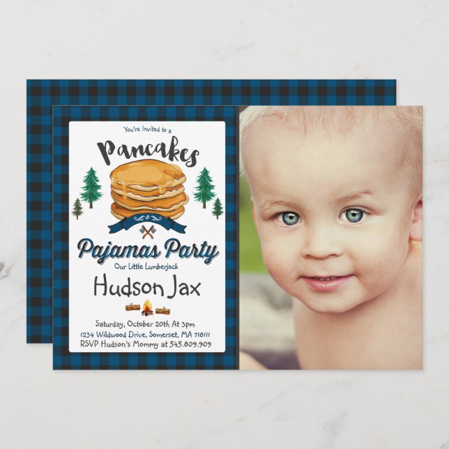 Convite Panquecas E Xadrez De Aniversário De Pijamas (Frente/Verso)