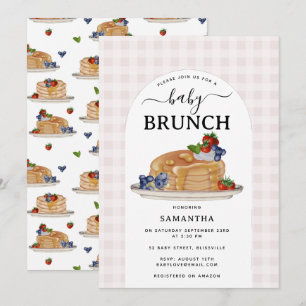 Convite Panquecas Frutas Vermelhas Brunch Xadrez Rosa Chá 