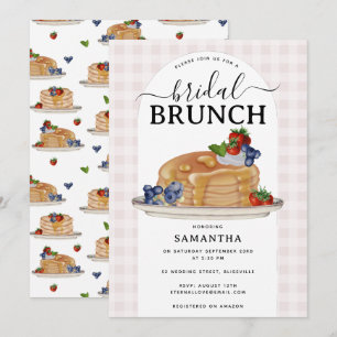 Convite Panquecas Frutas Vermelhas Brunch Xadrez Rosa Chá 