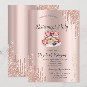 Convite Panquecas Rose Gold Glitter Drips Aposentadoria