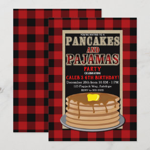 Convite Panquecas Rústicas & Pijamas Plaid Preto Vermelho 