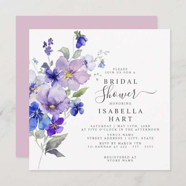 Convite Pansies Botânico Floral Lilac Chá de panela Azul (Frente/Verso)