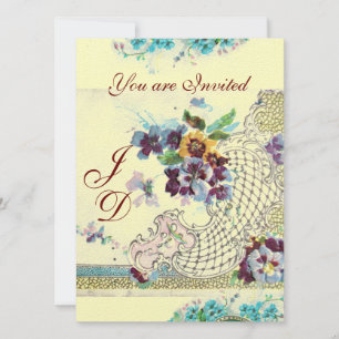 Convite Pansies de creme cor-de-rosa azuis florais do