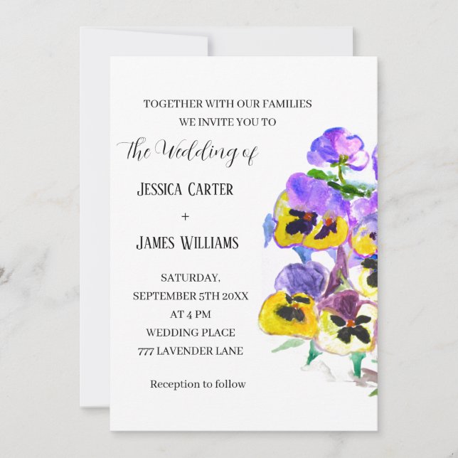 Convite Pansies Pansy Floral Watercolor Casamento (Frente)