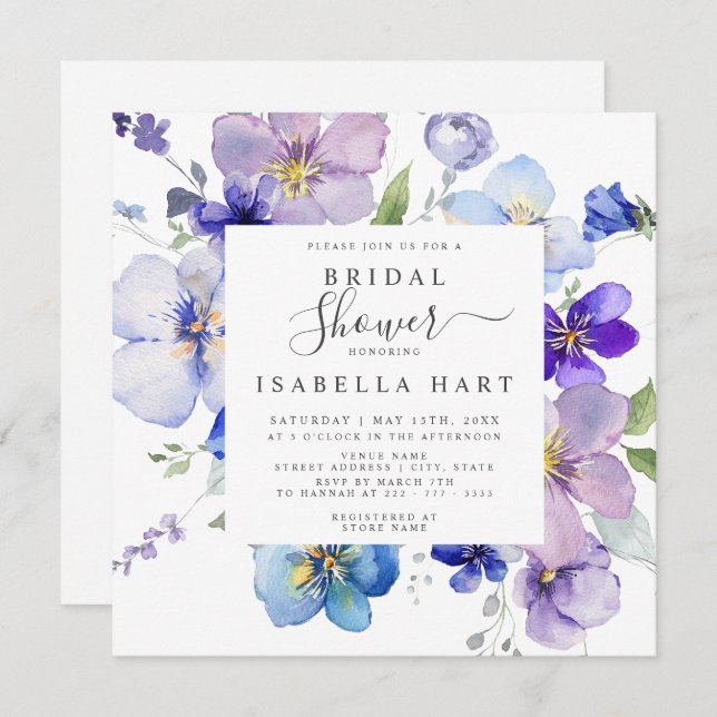 Convite Pansy Viola Floral Chá de panela Azul Púrpura (Frente/Verso)