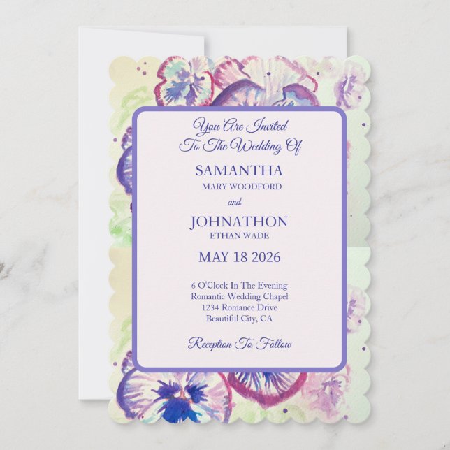 Convite Pansy Watercolor Flower Floral Invitation (Frente)